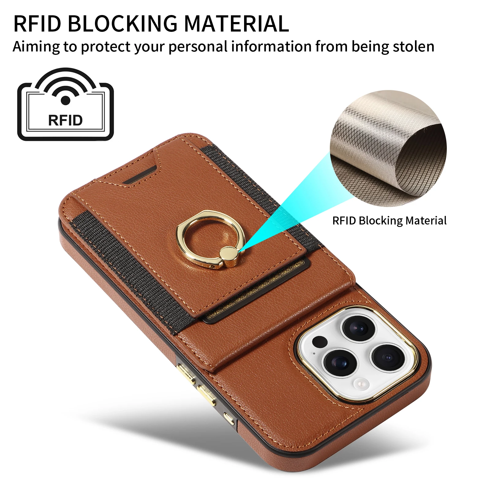 Card Holder Wallet Stand Phone Case for iPhone 15 14 13 Pro Max Back Cover PU Leather Waterproof Case With RFID Card Holder Ring