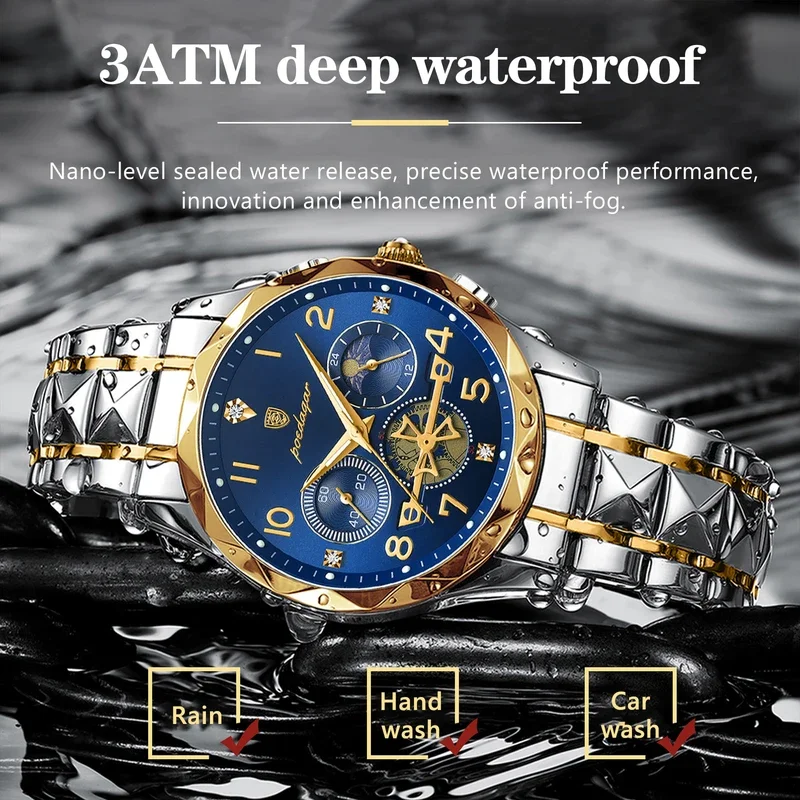 POEDAGAR 972 Top Brand Mens Classic Stainless Steel Chronograph Quartz Waterproof Luminous Watch for Men Low Prices Waterproof