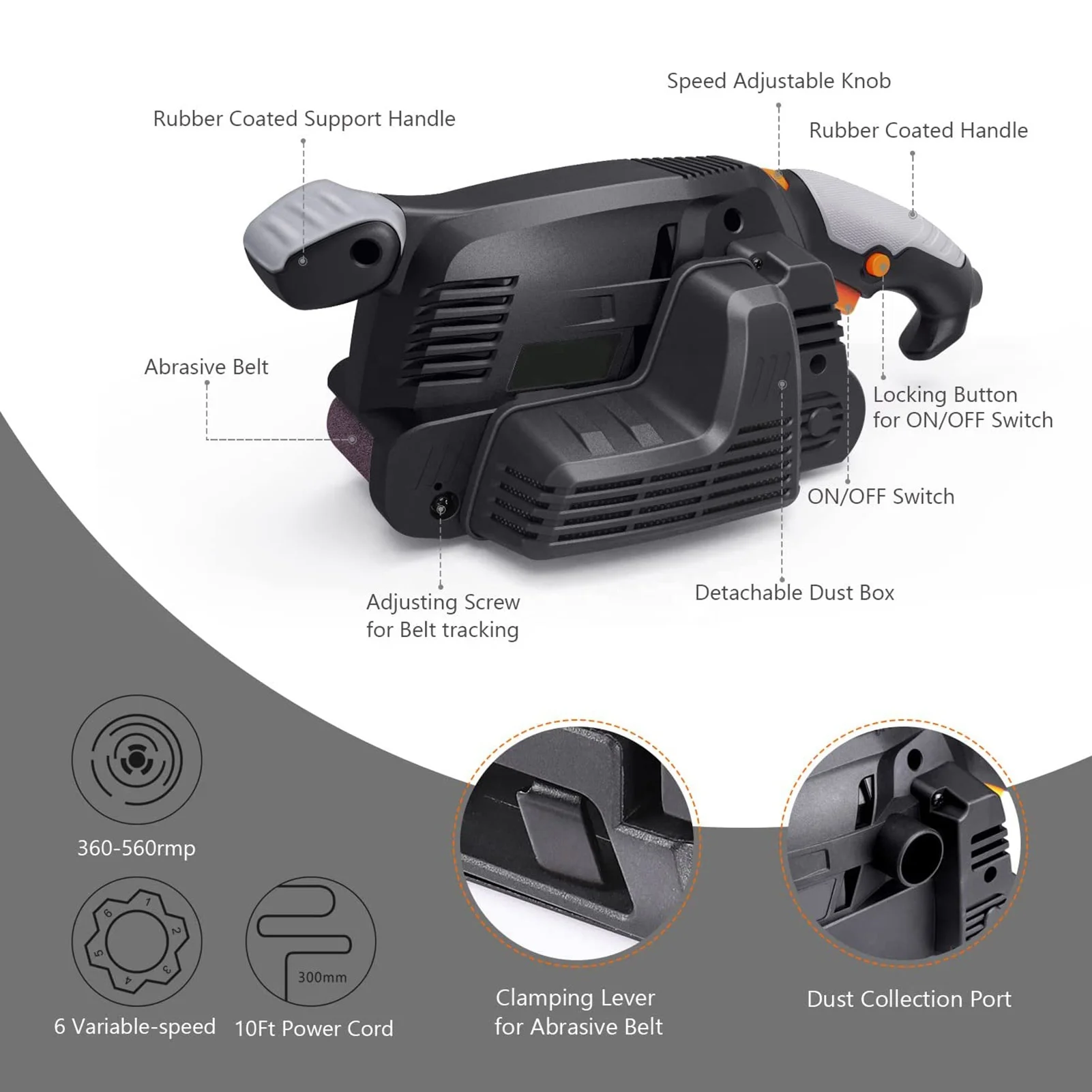 600W Electric Belt Sanding Polishing Grinding Machine Wood TACKLIFE  Variable Speed Power DIY Sander Woodworking Belt Sander