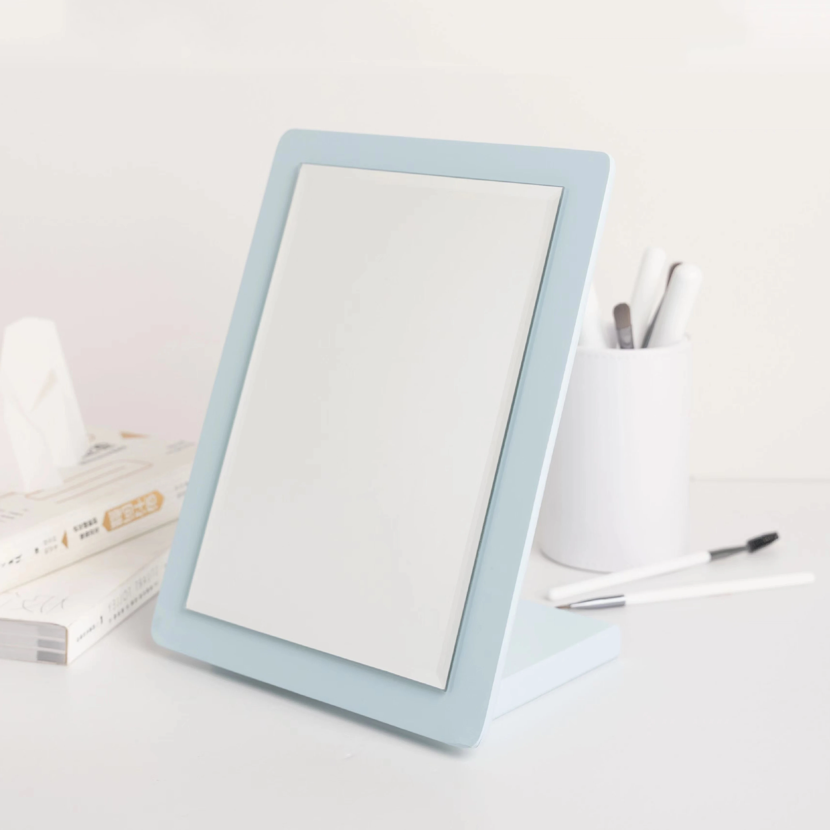 Natural Wood Blue Foldable Makeup Vanity Mirrors Table Standing Mirror For Makeup