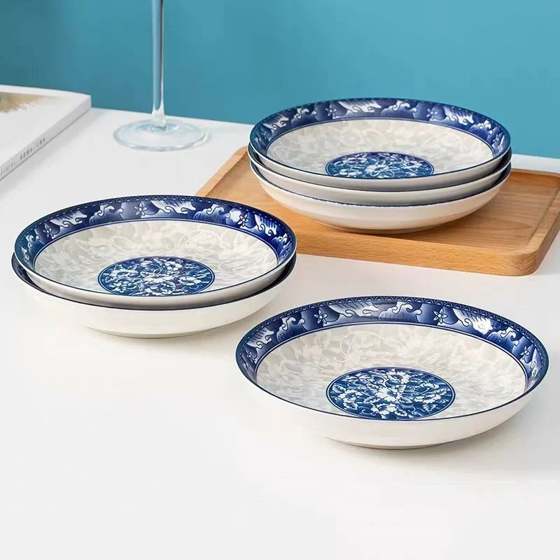 National Style Blue And White Series 9-inch Creative Home Ceramic Dining Plate, Fruit And Vegetable Plate, Blue And White Plate