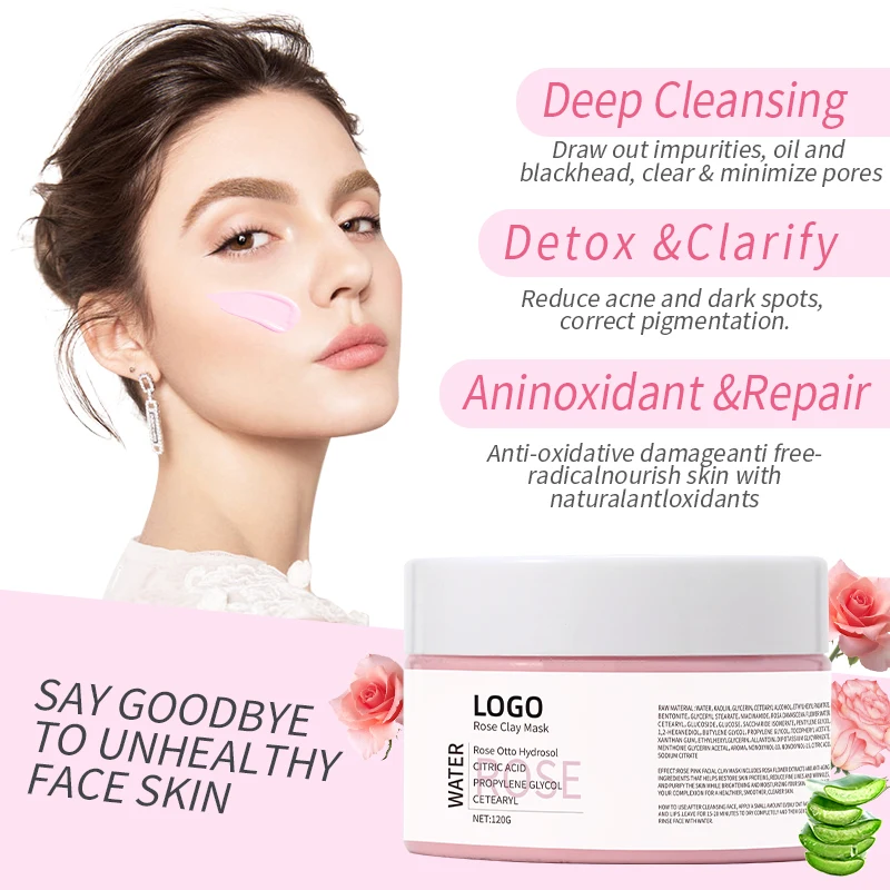 Rose Clay Mask Custom Facial Cleansing Detox Whitening Natural Vegan Cosmetic Facial Skincare Pink Mud Rose