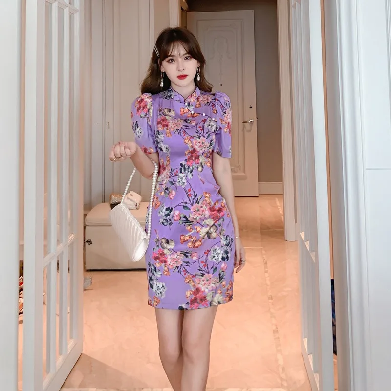  4060 Chinese style dress cheongsam slim high-waisted floral dresses throw back slit