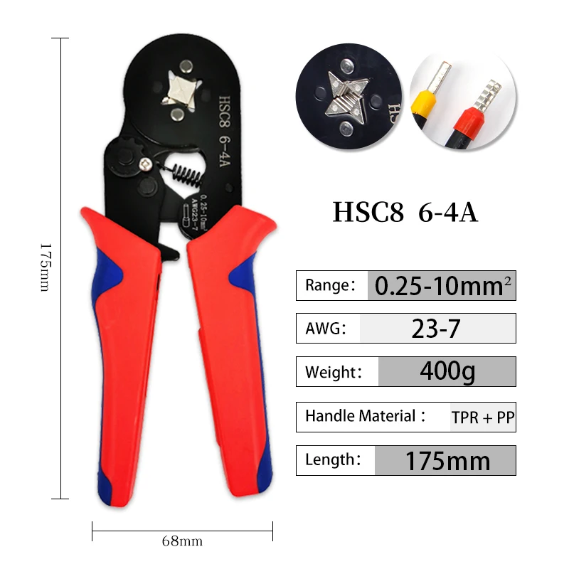 HSC8 6-4A Crimping Plier Set 23-7AWG 0.25-10mm Quadrilateral Ratcheting Ferrule Crimping Tool Kit Crimper with 400PCS Terminal