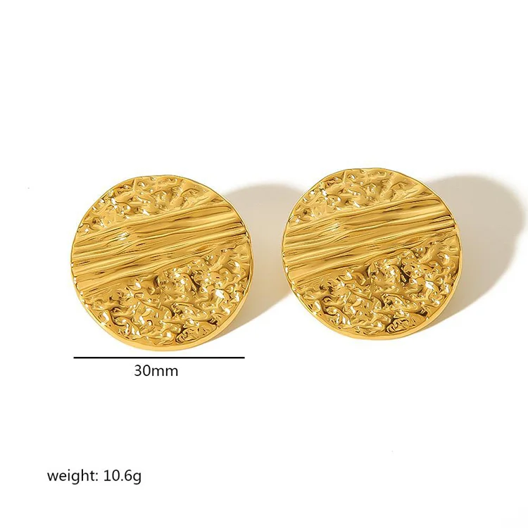 New Styles Round Corrosion Stud Earrings 18K PVD Gold Plated Vintage Wrinkle Stainless Steel Earrings Wholesale