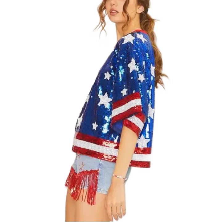 WINGTU Custom Half Sleeve Round Neck T Shirts USA Independence Day July 4th Star Pattern Sequin Shirt For Women