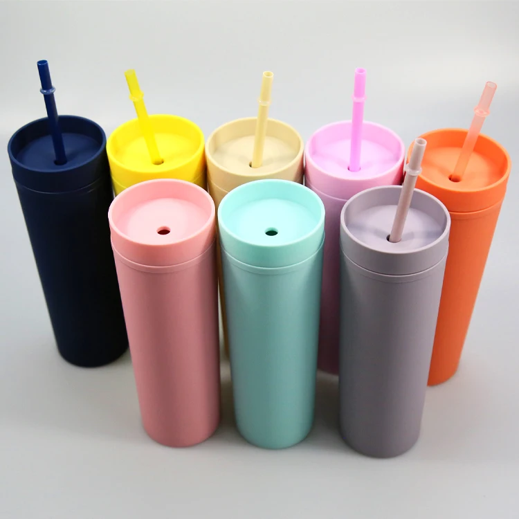 Skinny double wall Tumbler 16OZ straight Plastic Tumblers customized straw cup water skinny matte cup with straw and lid