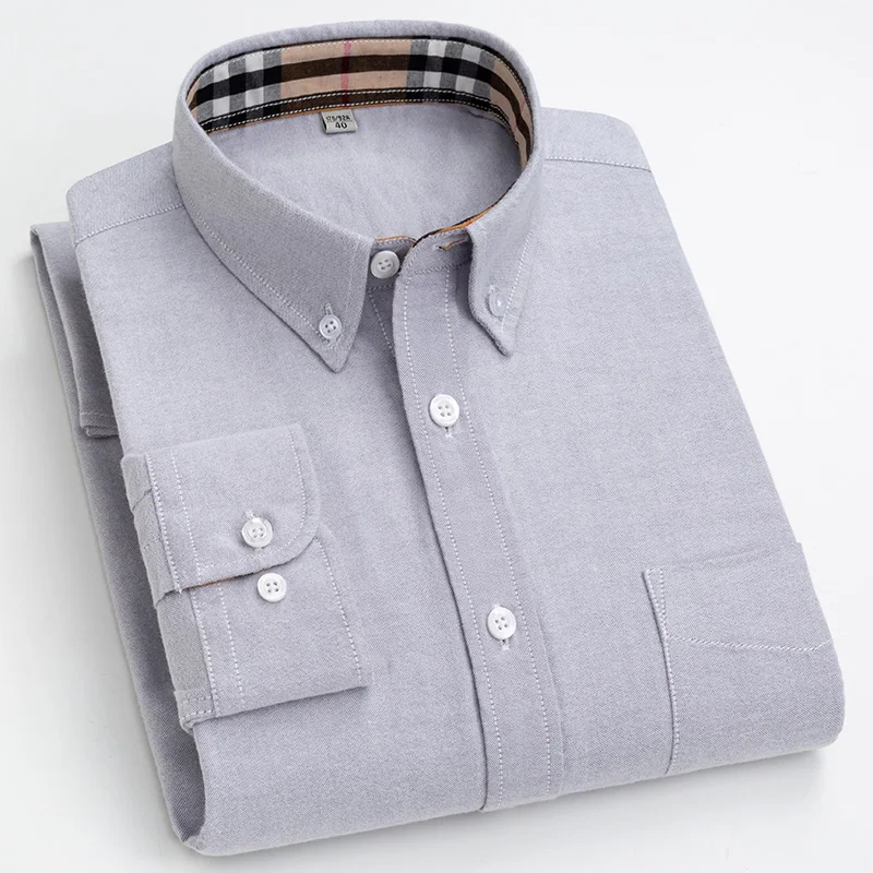 Stock 100% cotton carbon Oxford collar contrast Plaid Long Sleeve Shirt