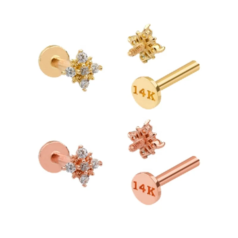 14k Solid Gold Gemmed  Threadless Labret  Stud  Helix Cartilage Lobe Tragus Daith Body Piercing Jewelry