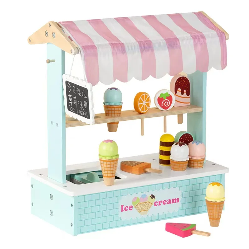 New shape children play house toys candy ice cream truck cake set wooden ice cream shop
