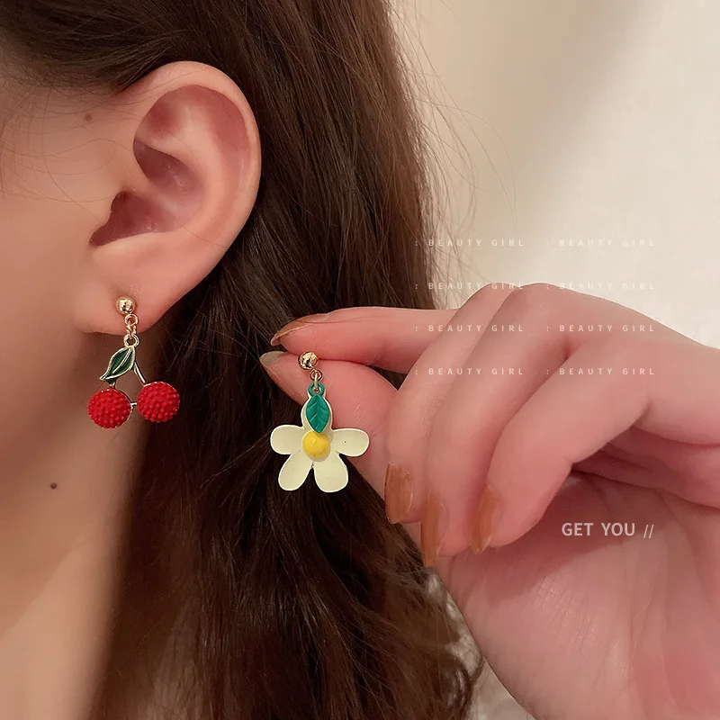Fashionable Temperament Silver Needle Pastoral Flower Fruit Cherry Earrings INS Popular Personality Jewelry for Women