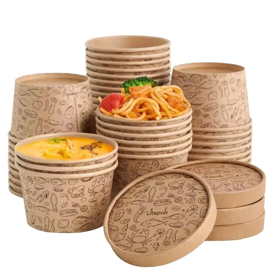 B12 Oz-Top 92 Disposable 12 OZ Bio Soup Container Kraft Paper Well Match With 2 Layer Paper Lid