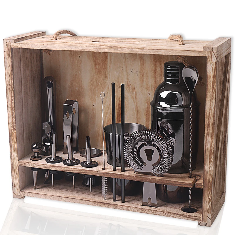 Stainless Steel Cocktail Shaker Set Bartender Kit with Wood Stand Perfect Home Bartender