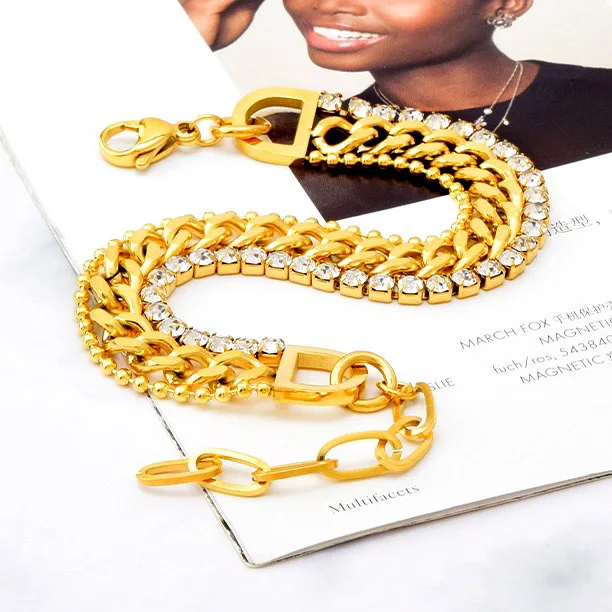 AFXSION Amazon hot Dubai gold jewelry, three-layer Cuban chain beaded chain and diamond bracelet stainless steel bracelet