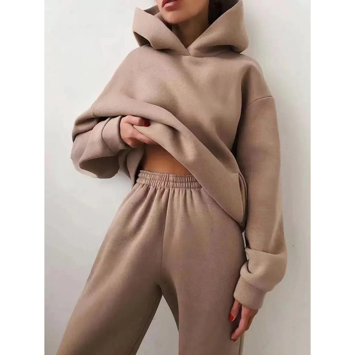 Two Piece Sets Women Tracksuit Winter Fleece Solid Long Sleeve Hoodies Jogger Pants Suits Female Casual Fashion Loose Sportswear
