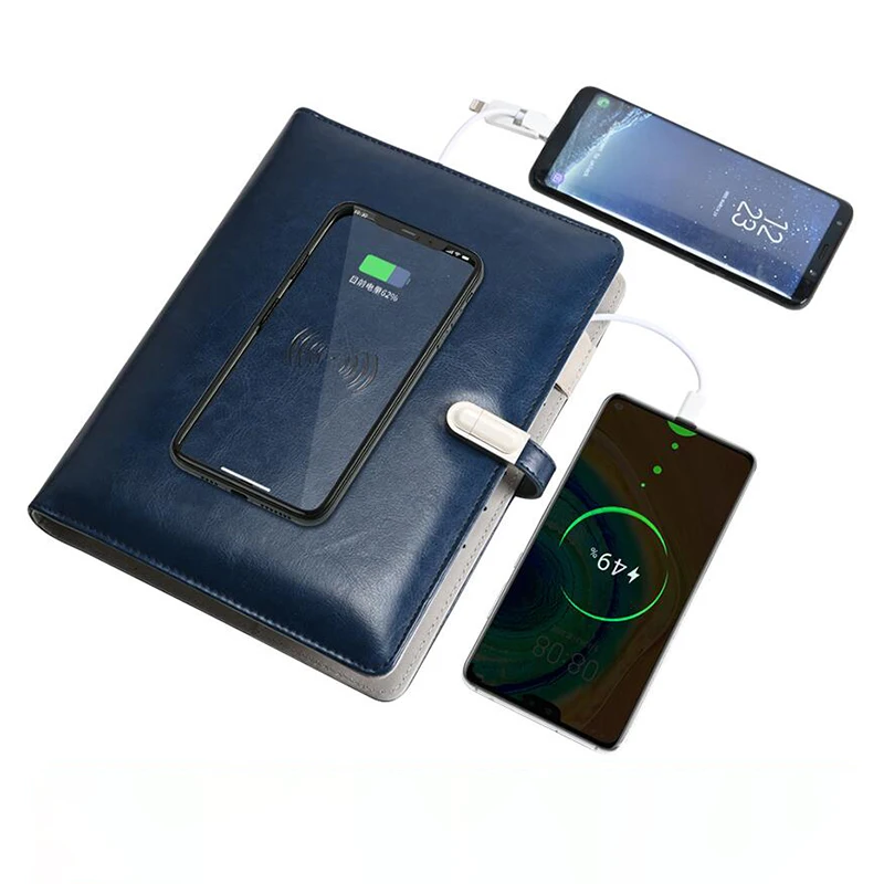 A5 6 rings Leather Organizer LCD Video Advertising Display Screen Notebook Custom logo with Power bank and USB flash drive