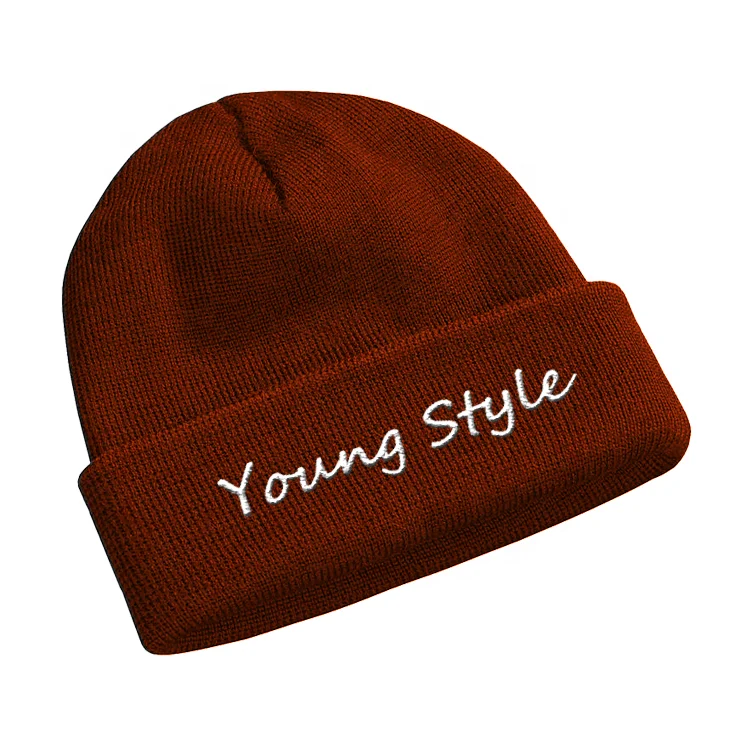 Custom Unisex Long Ribbed 100% Acrylic Cuffed Knitted Beanie Hat with Embroidery