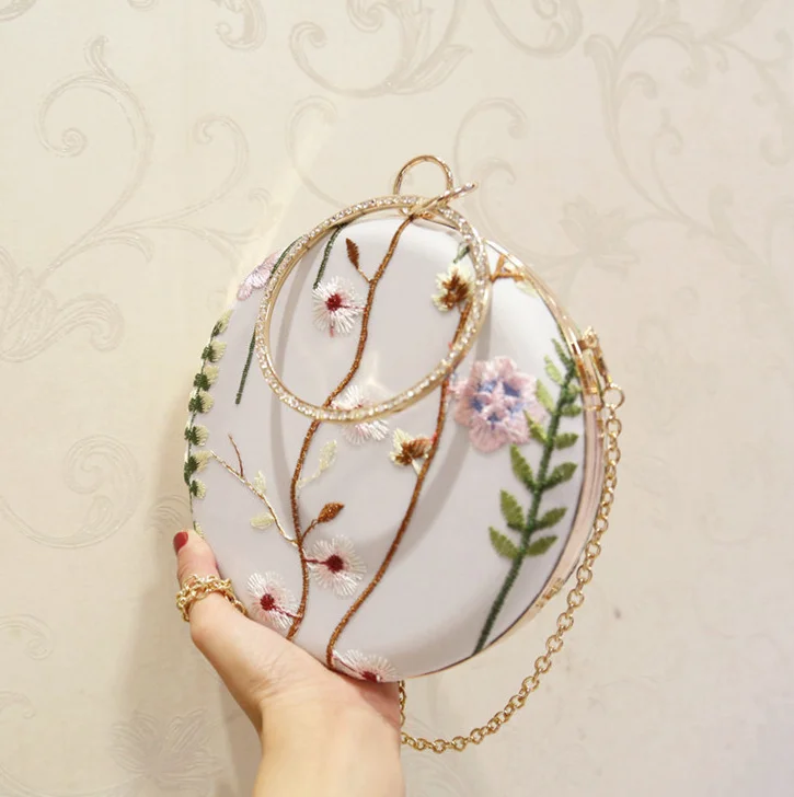 New Fashion Ladies  Party Clutch Round Shaped Shoulder Bags Girls Handbags Embroidery Floral Evening Bag