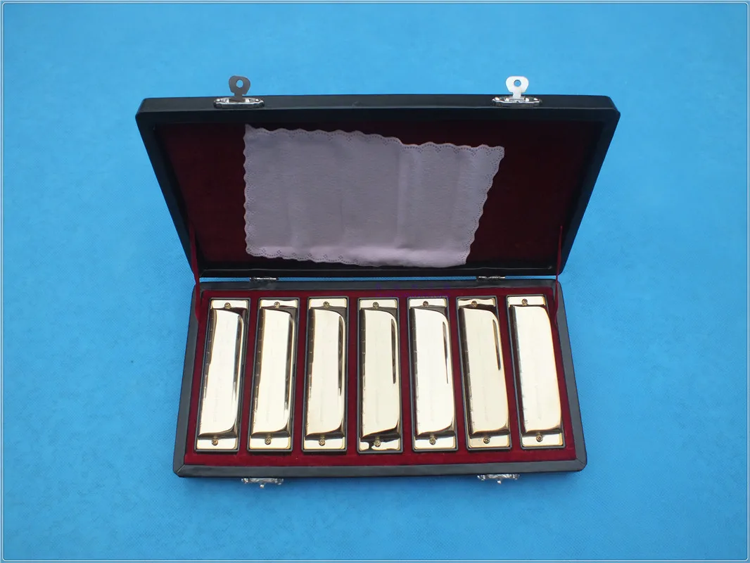 10 hole A/B/C/D/E/F/G silver harmonica musical instruments silver harmonica with different keys 10 holes 7 key set harmonica set