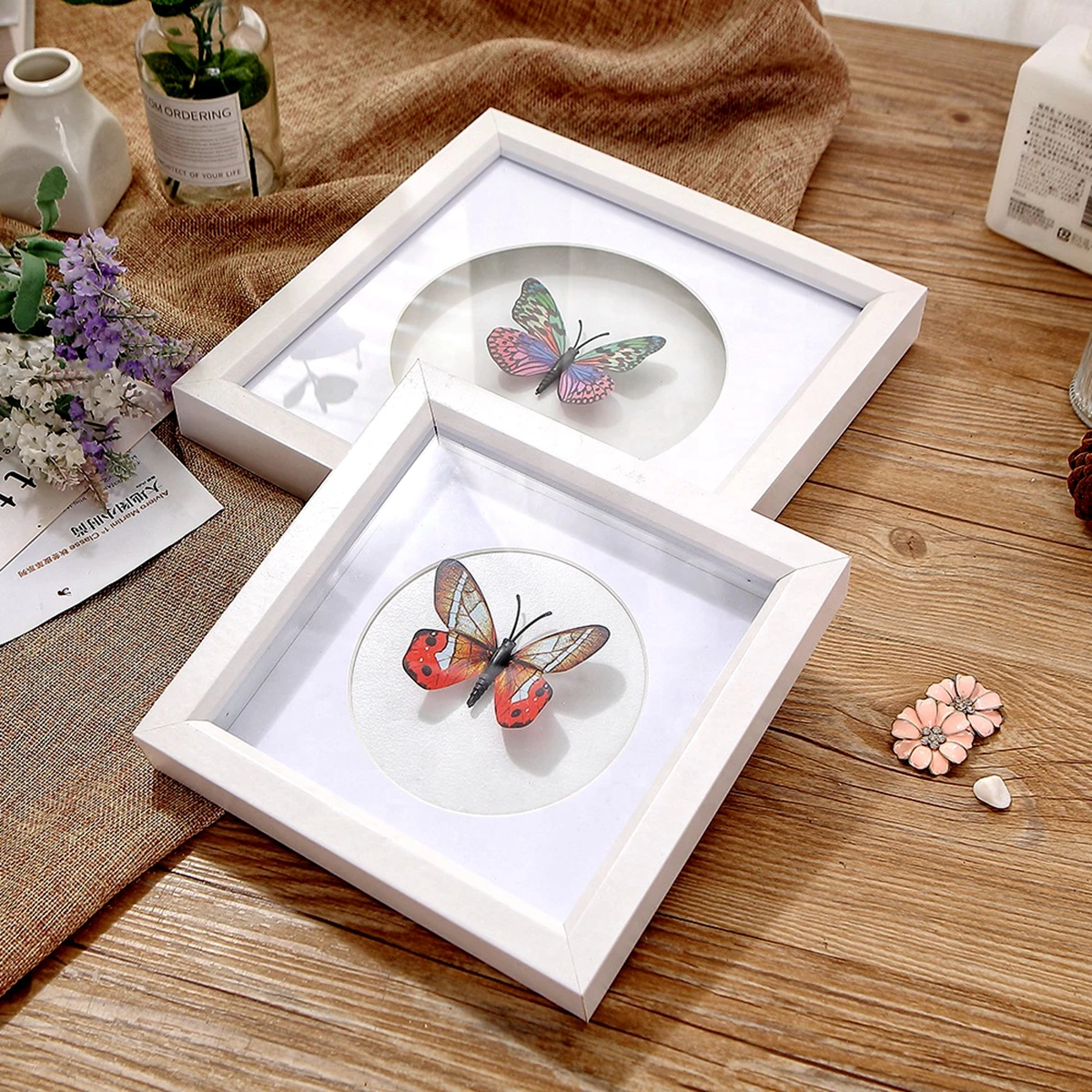 
 Professional Customized made Square WOOD MDF photo frames Glitter Plastic Sequins Decorative butterfly shadow box  