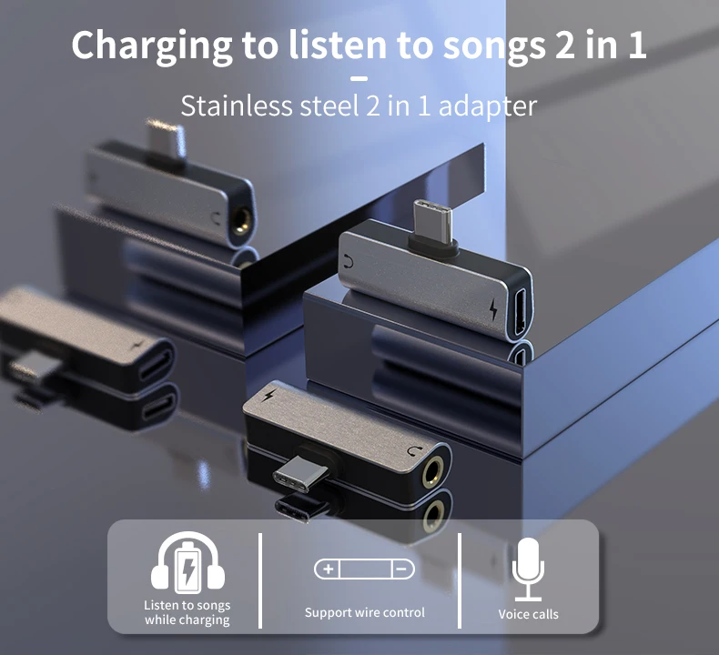 OEM service stainless steel material 2 in 1 usb to usb c cable aux cable 3.5mm adapter