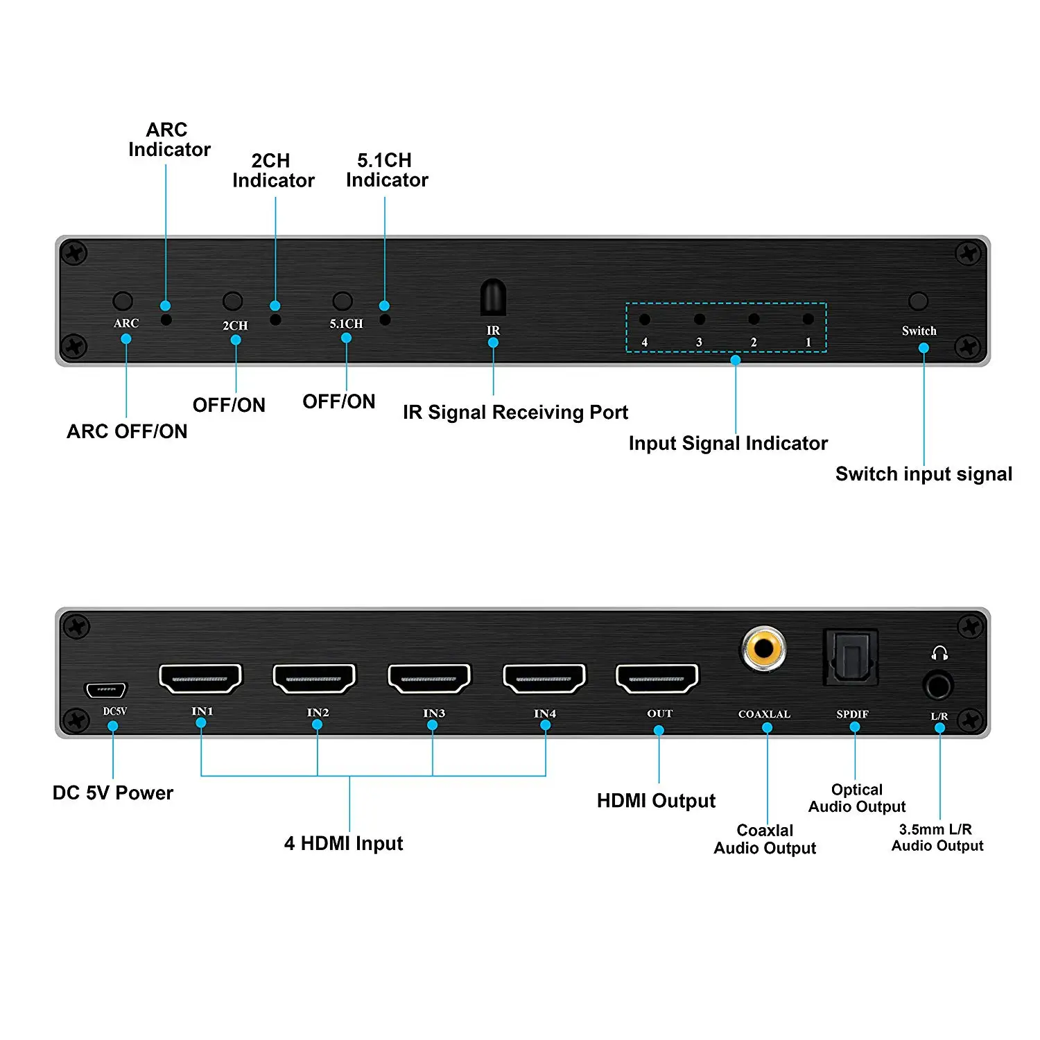 4K HDMI Switch 4port 4 In 1 Out HDMI2.0b Switcher 4x1 Audio Extractor ARC YUV4:2:0