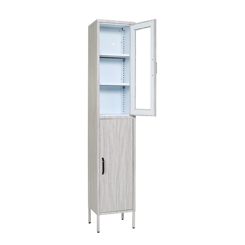 Customized steel wooden transfer locker with adjustable shelves high feet iron warobe glass door almirah for kids