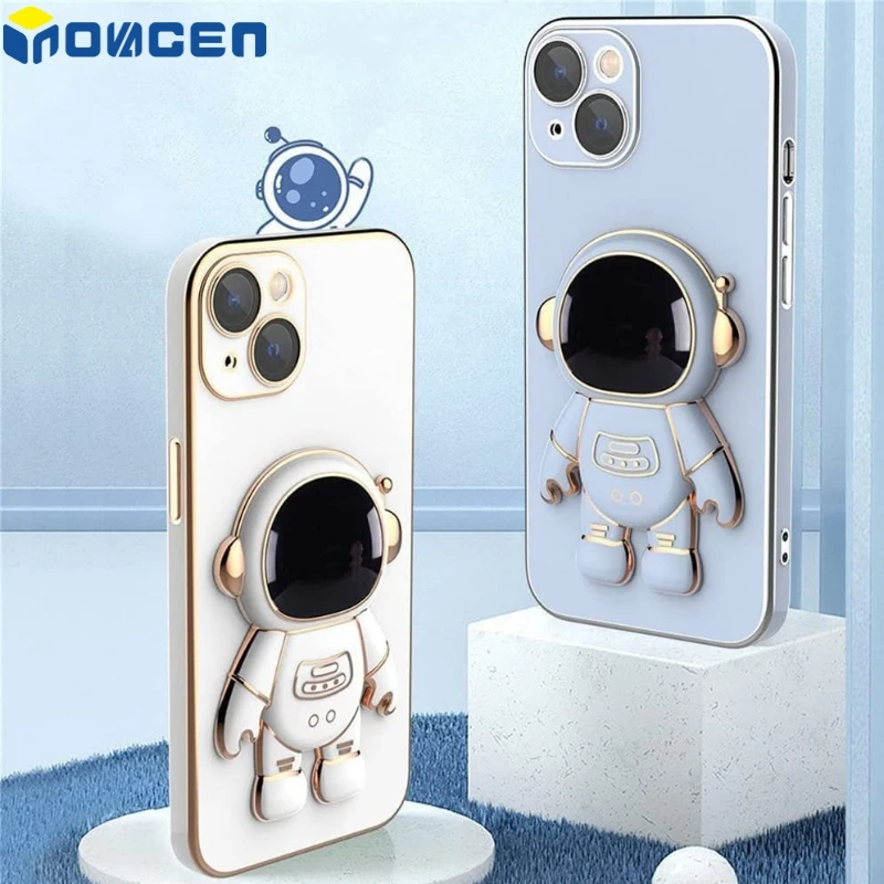 Astronaut Invisible Stand Case For 11 12 13 14 Pro Max Series/Shockproof Multicolor Metal Plating Phone Cover with Phone holder