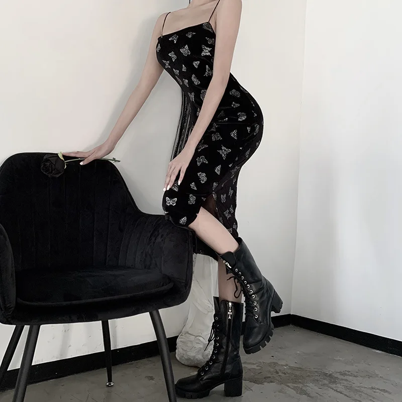 Dark Sexy Butterfly Print Split Cheongsam Little Black Dress Female Gothic Suede Ins Suspender Dress
