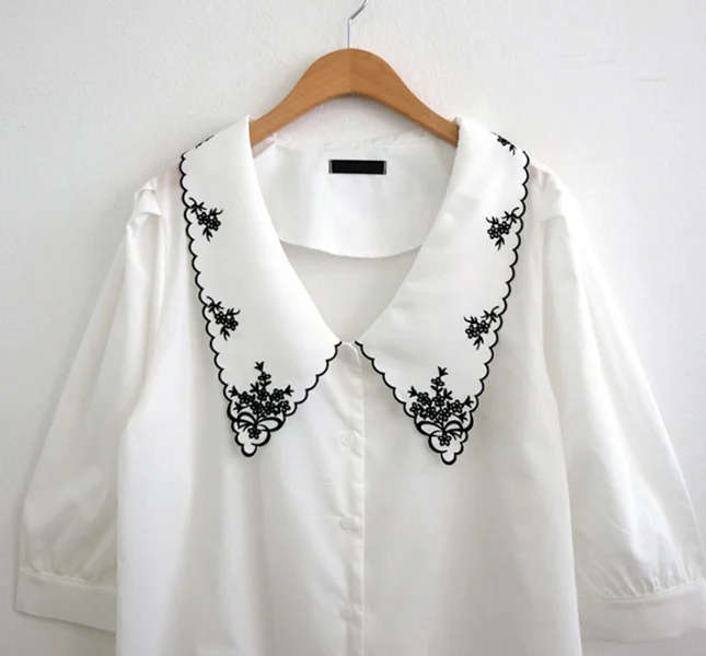 CS203 Korean Fashion Vintage Color Block Sweet Turn Down Collar Embroidery Blouse Women Stylish Blusas Tops