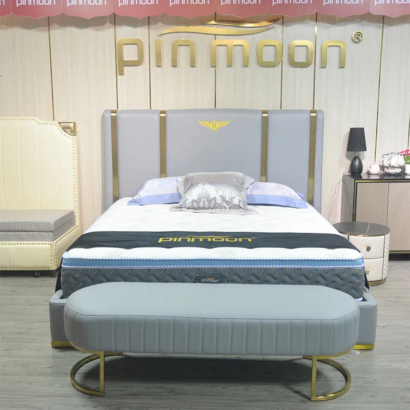 Cheap luxurious modern king size leather beds with golden stainless steel frame on promotion