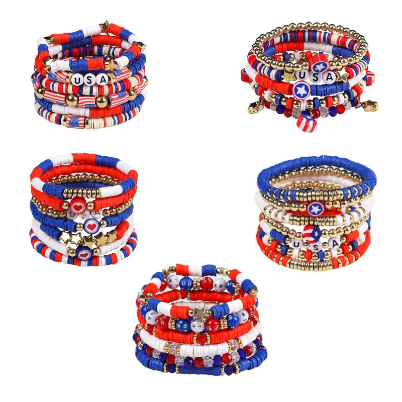 Rainbow Heishi Bracelets for Women 6 pcs/set Handmade Soft Polymer Clay American USA Flag Stretch Bracelet