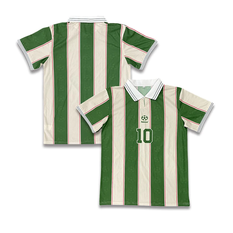 Custom Sublimation Green Stripe Retro Design Logo And Number V Lapel Men Soccer Shirts