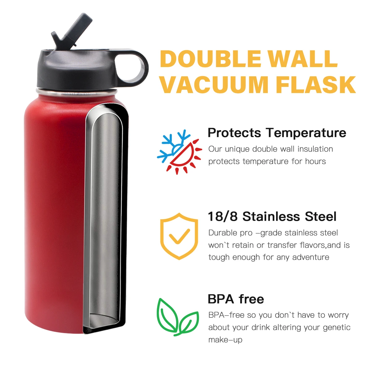 Бутылка для воды из нержавеющей стали с двойными стенками, 18/32/48/64 унции