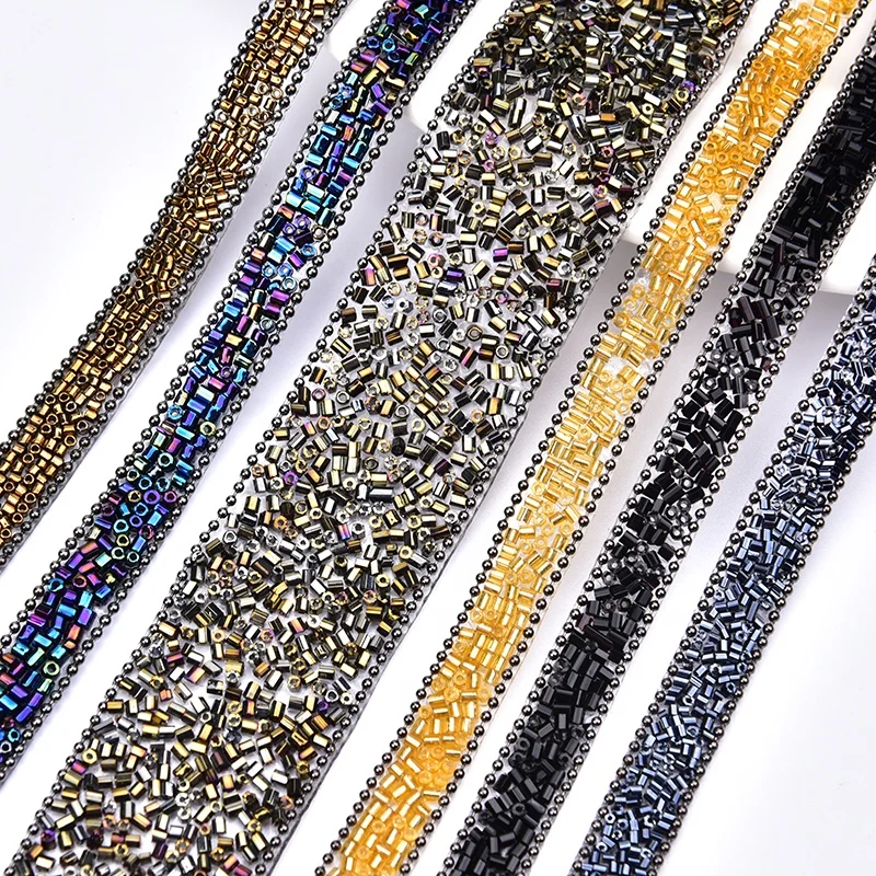 Colorful Tube Beads Rhinestone Metal Chain Long Strip Trim Iron on Strass Tape Banding for Clothing Belt Shoes Bride Dress DIY