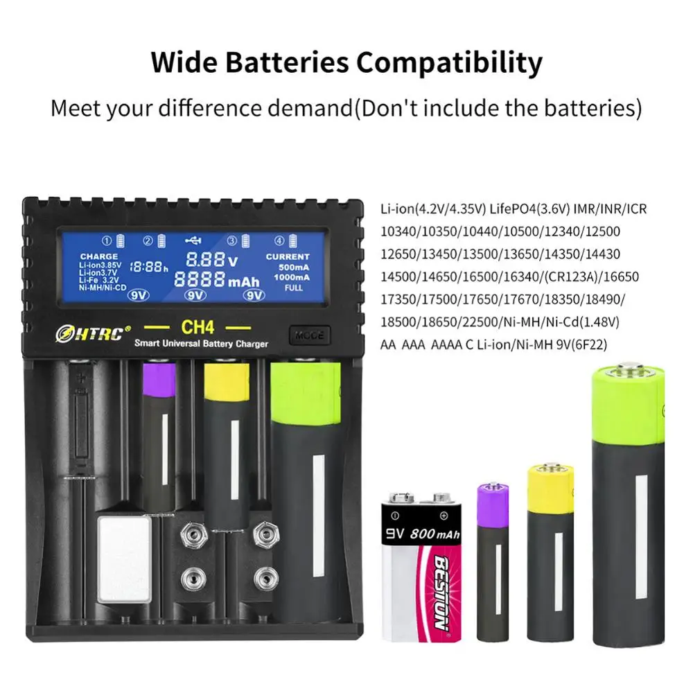 
CH4 Battery Charger 18650 26650 6F22 9V AA 16340 14500 Lipo Li-ion Li-fe Ni-MH Ni-CD battery charger for RC Toys 