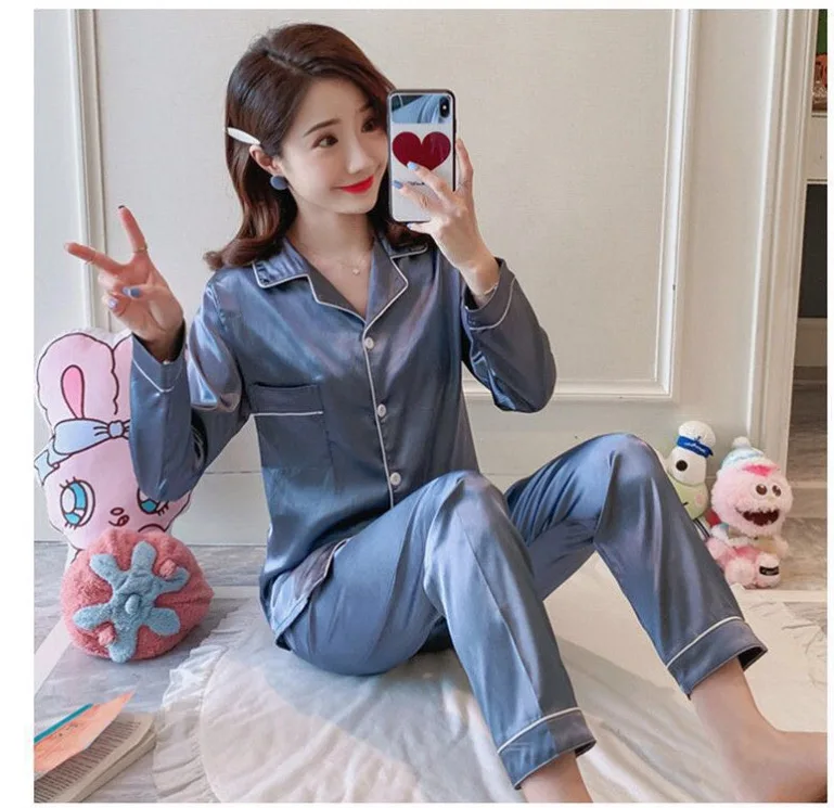 Solid color casual pajamas Long sleeve satin silk two-piece lapel plus-size pajamas comfortable home underwear