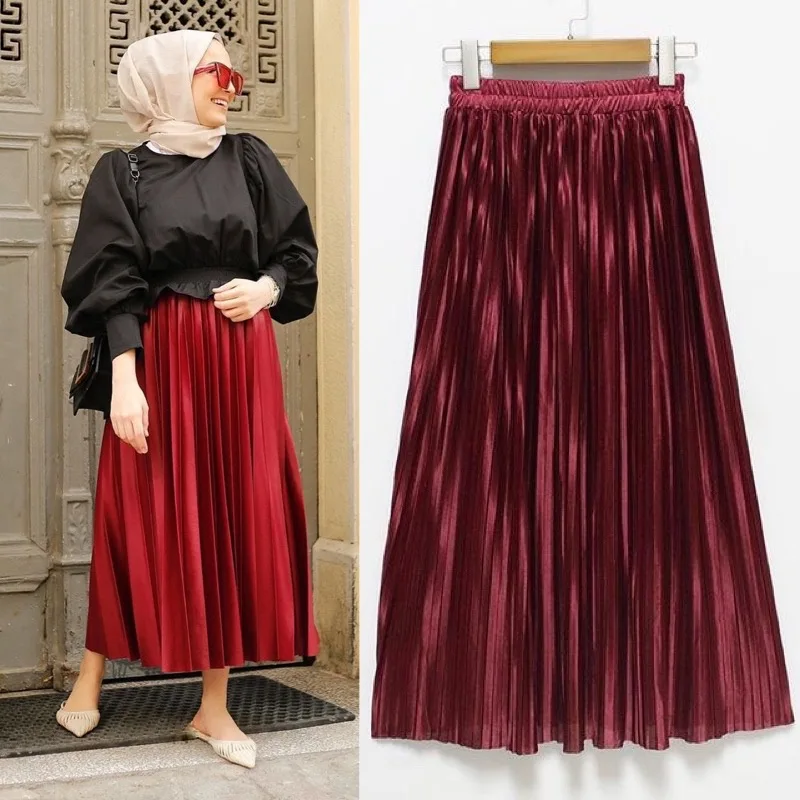 Latest Muslim Women Pleated Long Skirt Multi Color Ankle Length Arab Islamic Skirt