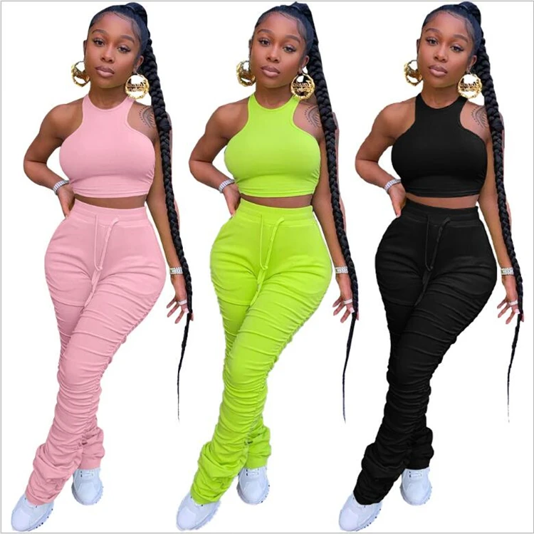 D94043 sexy 2 piece set women Solid color tight small vest pleated pants suit