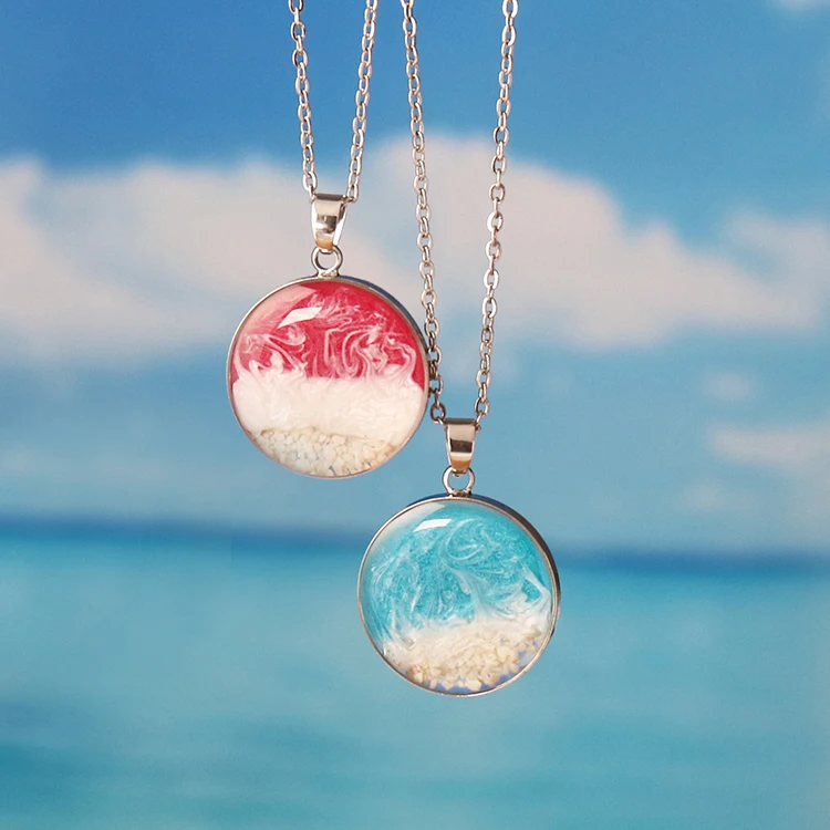 Handmade Round Ocean Resin Necklace Jewelry Wave Pendant Necklace with Stainless Steel Link Chain