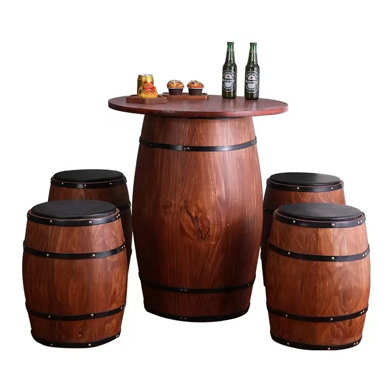 Antique Vintage Wooden Bar Restaurant Coffee Shop Use Wine Barrel Cask Table Chair
