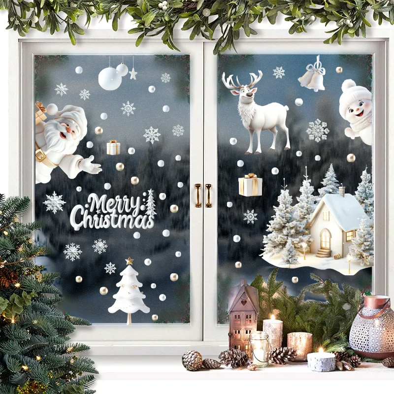 Three-dimensional White Santa Cartoon  Cute Snowman Elk and Snowflake Window Sticker Set New Christmas Home Decorations