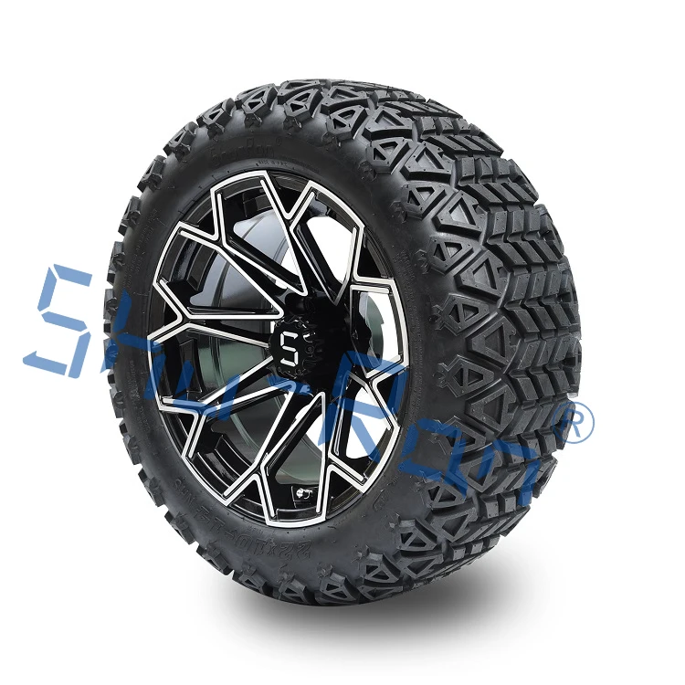 14' Golf Cart Machined/Glossy Black Wheels and 22x10-14 All Terrain Tires
