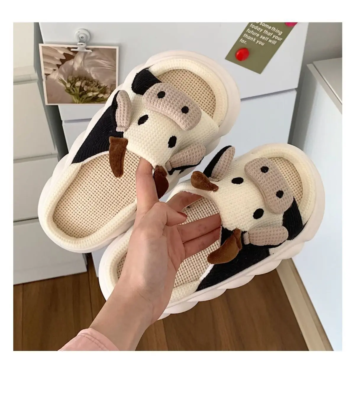 Factory Wholesale EVA Sole Open Toe Animal Cartoon Cow Slippers High Quality Indoor Cotton And Linen Slippers