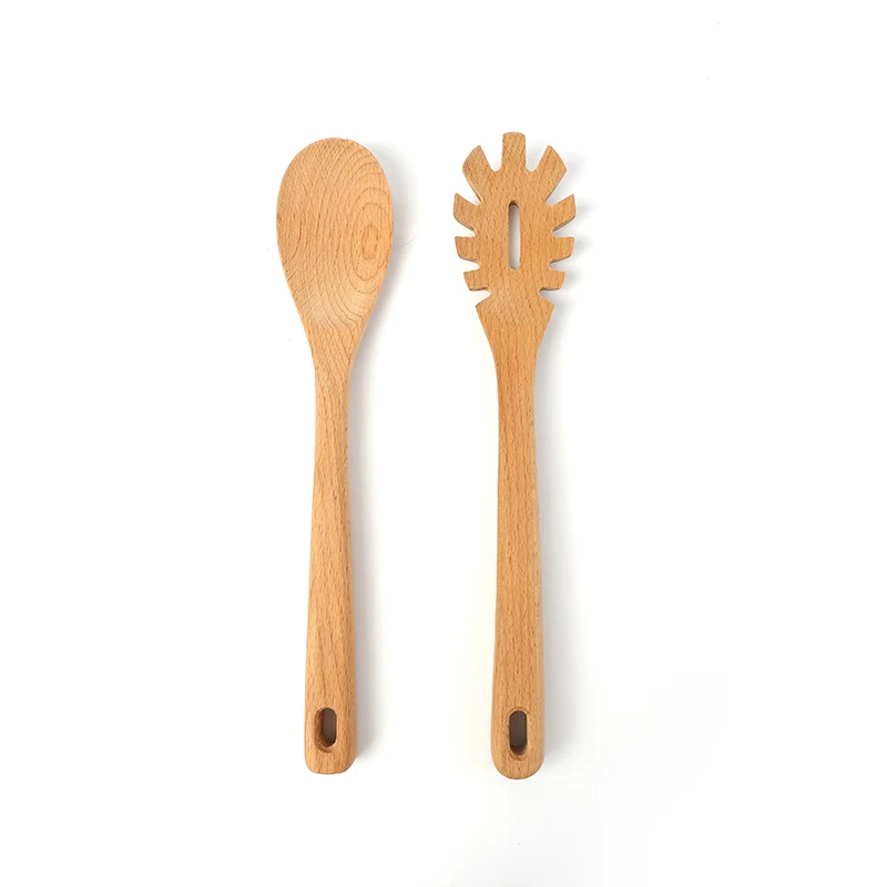 Top Selling OEM 2pcs Set Kitchen Utensils Nature Beech Wooden Spaghetti Teeth Spoons Salad Mixing Servers