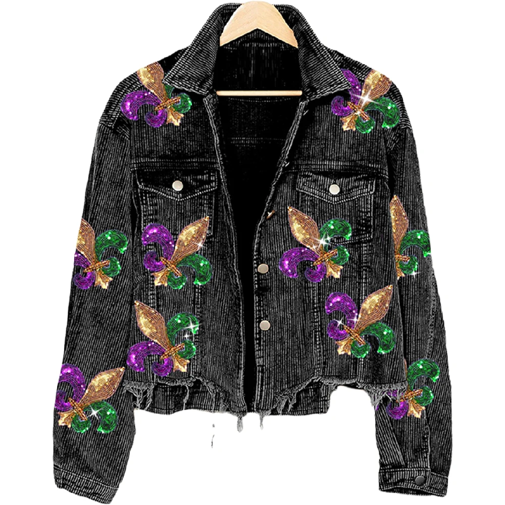 High Quality Long Sleeve Sequined Graphic Corduroy Green Bomber Jacket for Women