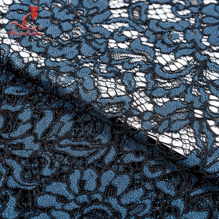 Nigeria New Eyelash fabric Fancy Satin Mesh Lace Fabric Nylon Dark Blue Casual lace fabric custom for Wedding Dress