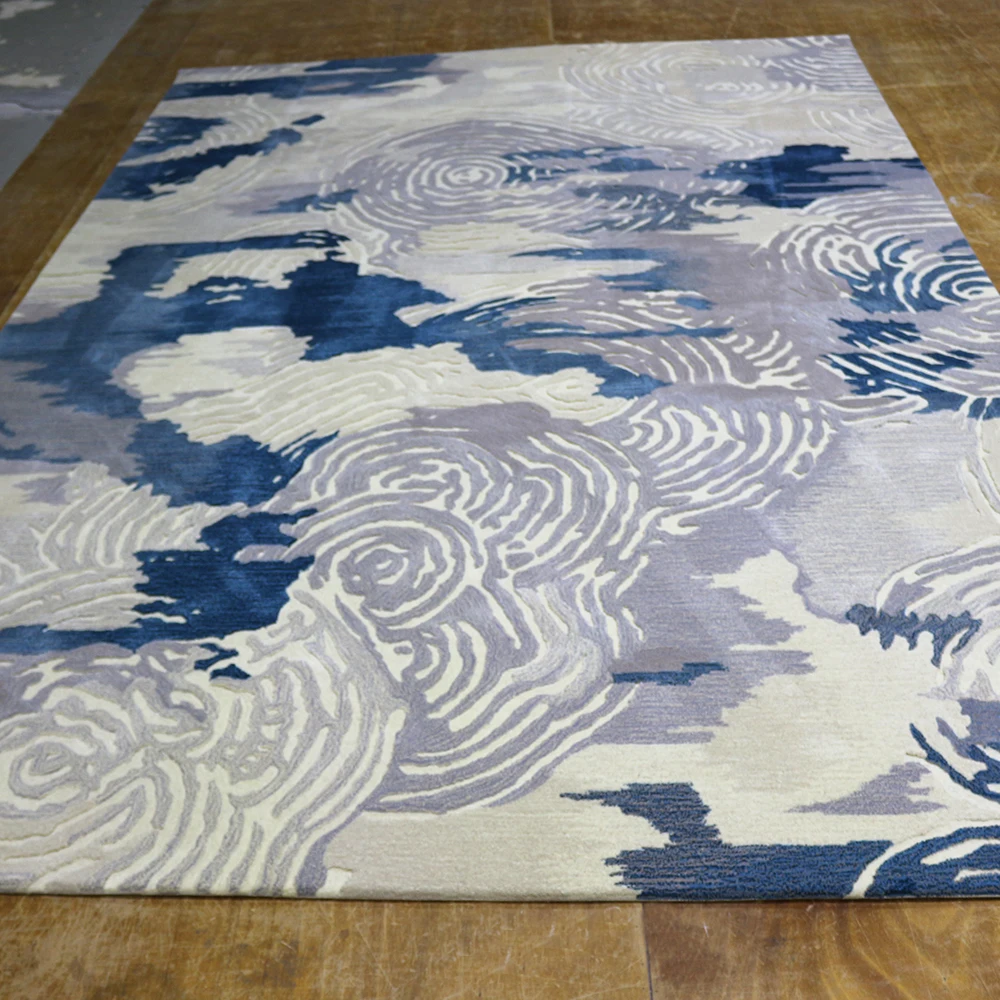 Wholesale price high end blue and grey jacquard rose handmade large luxury rug carpet