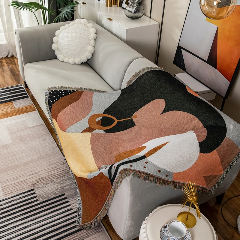 wholesale abstract thick hand woven photo plaid sofa blanket set