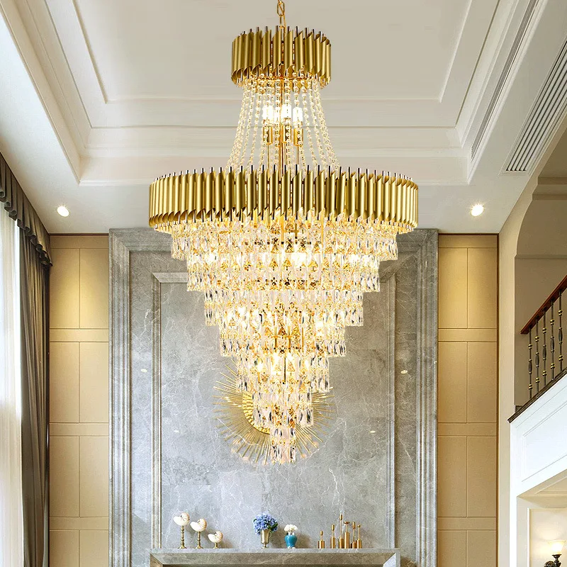 Contemporary hotel gold foyer staircase led hanging lights lighting fixtures ceiling luxury k9 crystal modern chandeliers